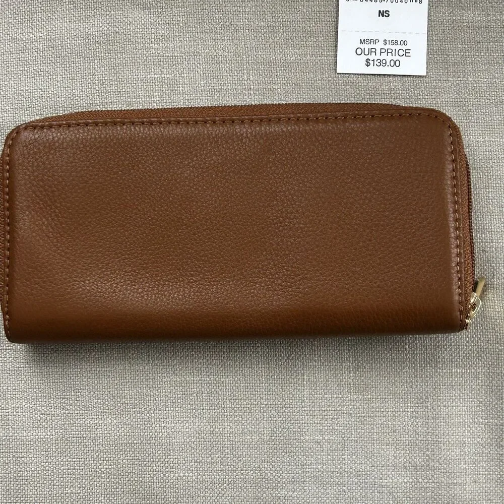 New Michael Kors Jet Set Zip Around Wallet Brown Pebble Leather Gold Logo NWT
